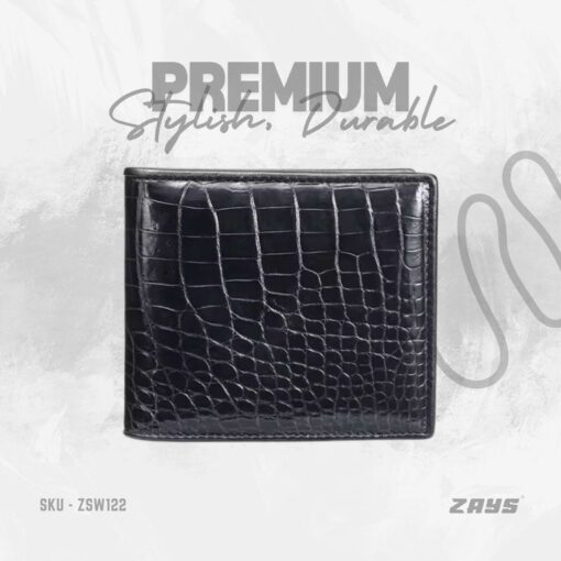 Zays Handcrafted Crocodile Embossed Premium Leather Bifold Short Wallet (SW122-Black) - Image 1